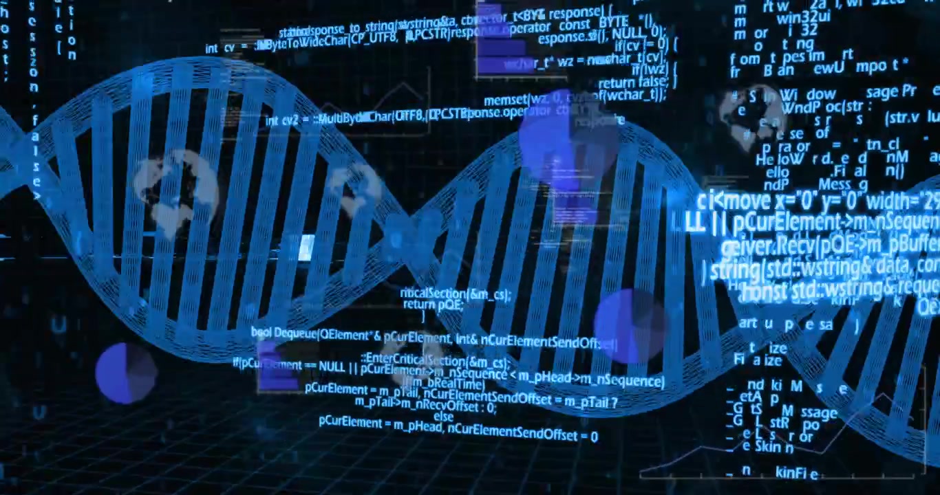 Code streaming behind DNA helix, spheres fading and charts rising, helix rotating visualizing data