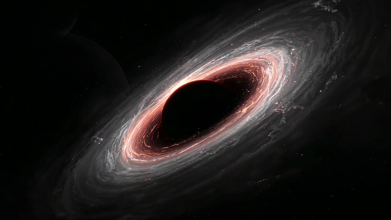 Sequence showing accretion disk rotating around supermassive black hole in space with gas streams