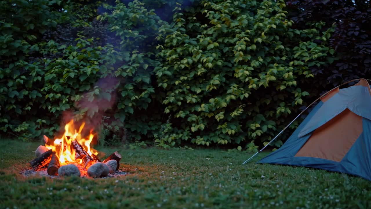 Camping at Dusk with a Cozy Campfire