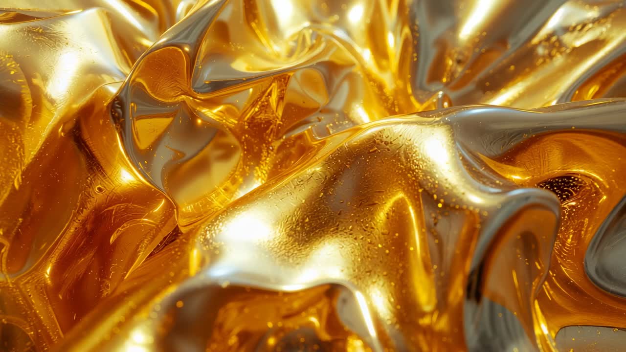 Light shifting initiating metallic fluid surface undulating in 3D scene, revealing golden ripples