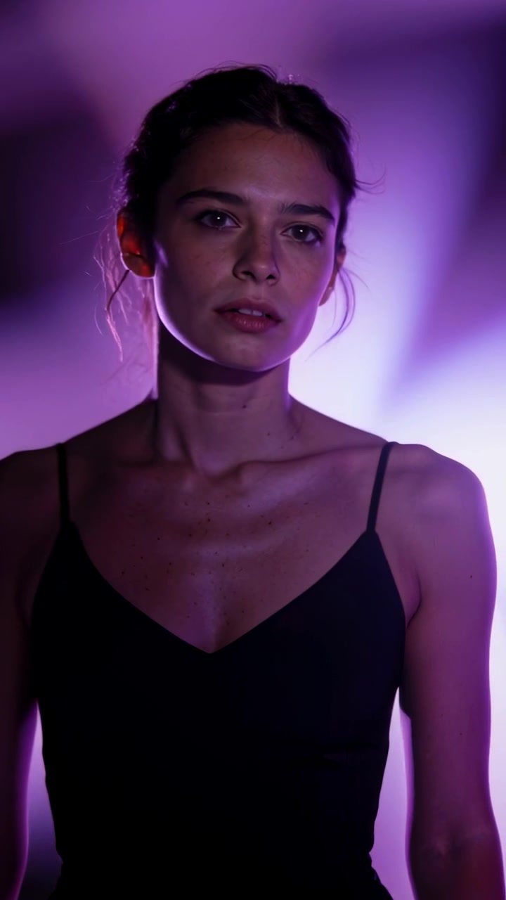 Video verticale: Luci che cambiano, modella che sposta lo sguardo, in posa in studio con un bordo viola, vestito nero.
