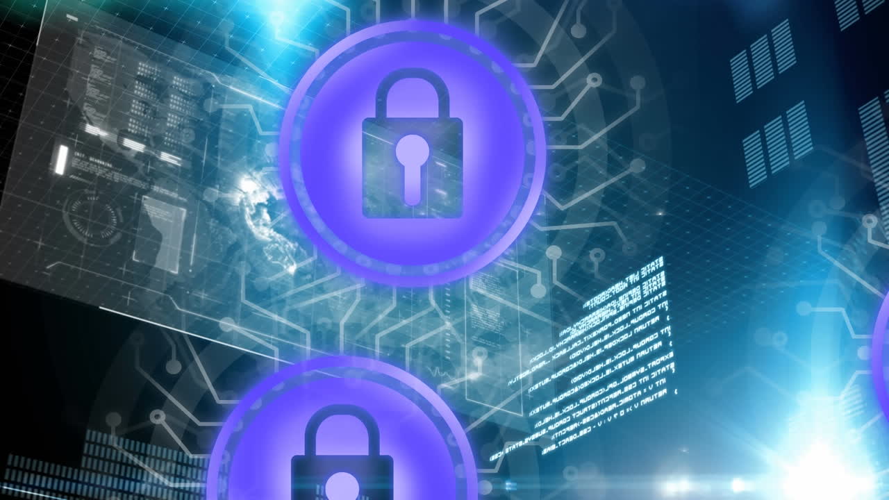 Animation of online security padlock icons over data processing