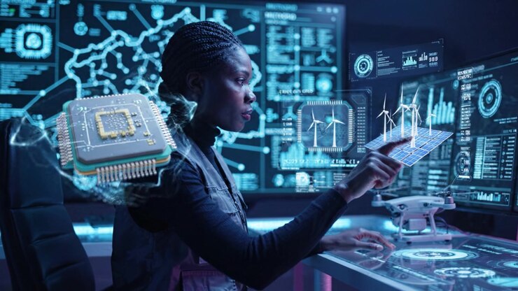 A focused female technician operates advanced technology in a high-tech control room, analyzing data and interacting with holographic interfaces and visual displays.