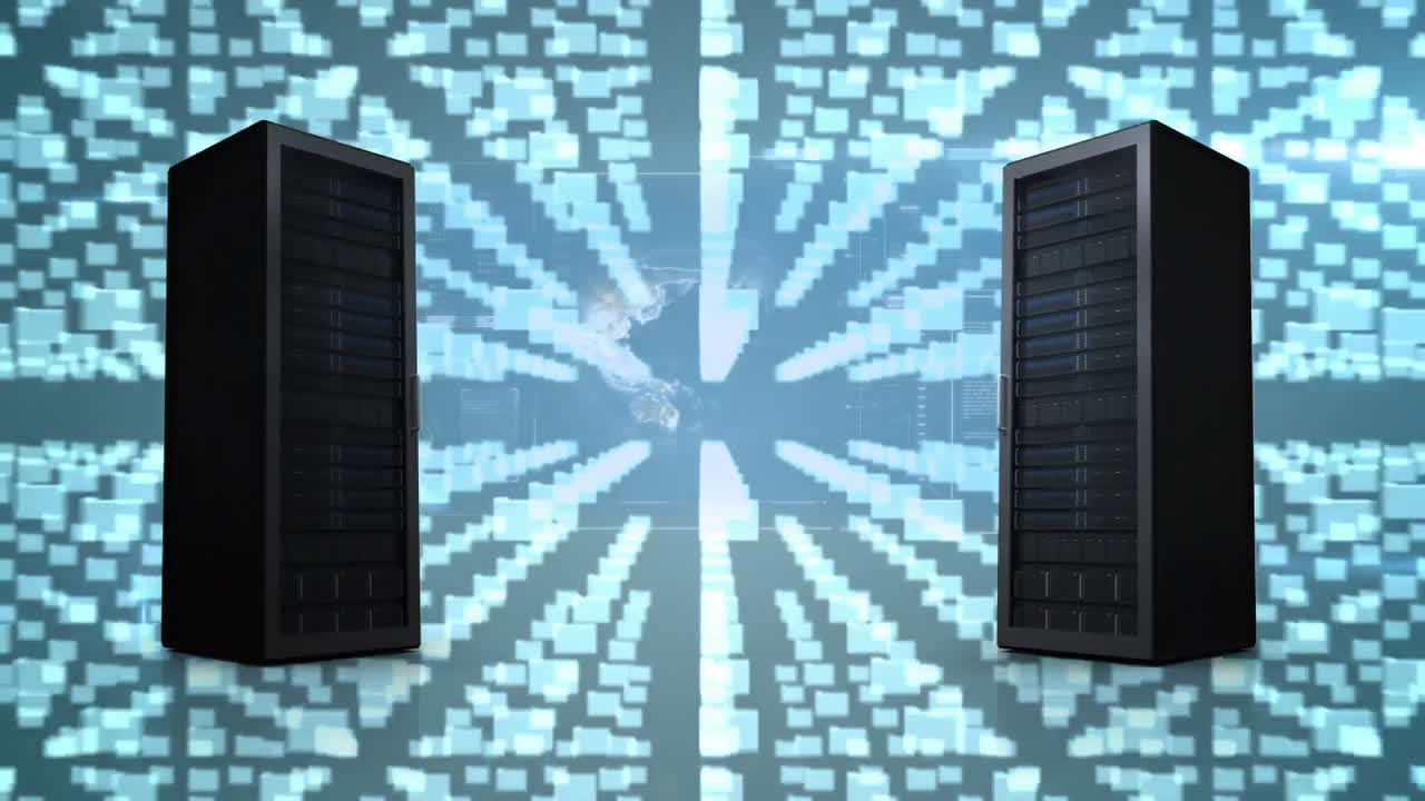 Animation of a blue padlock with data processing on blue background