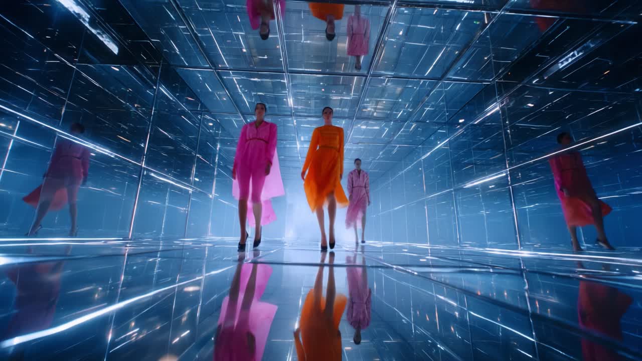 A Stunning Fashion Runway Show Featuring Models in Vibrant Colored Dresses Walking Through a Futuristic Mirror-Like Environment, Captivating Audiences with Their Striking Presence and Unique Styles