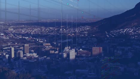 animación del procesamiento de datos financieros sobre el paisaje urbano