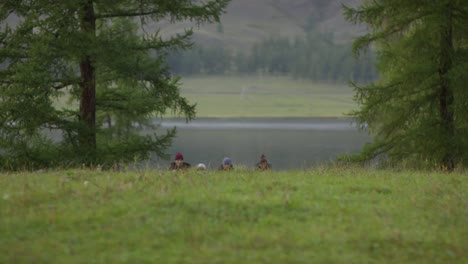 four senior hikers carrying backpacks and using pole while walking on green forest lawn and talking on autumn day