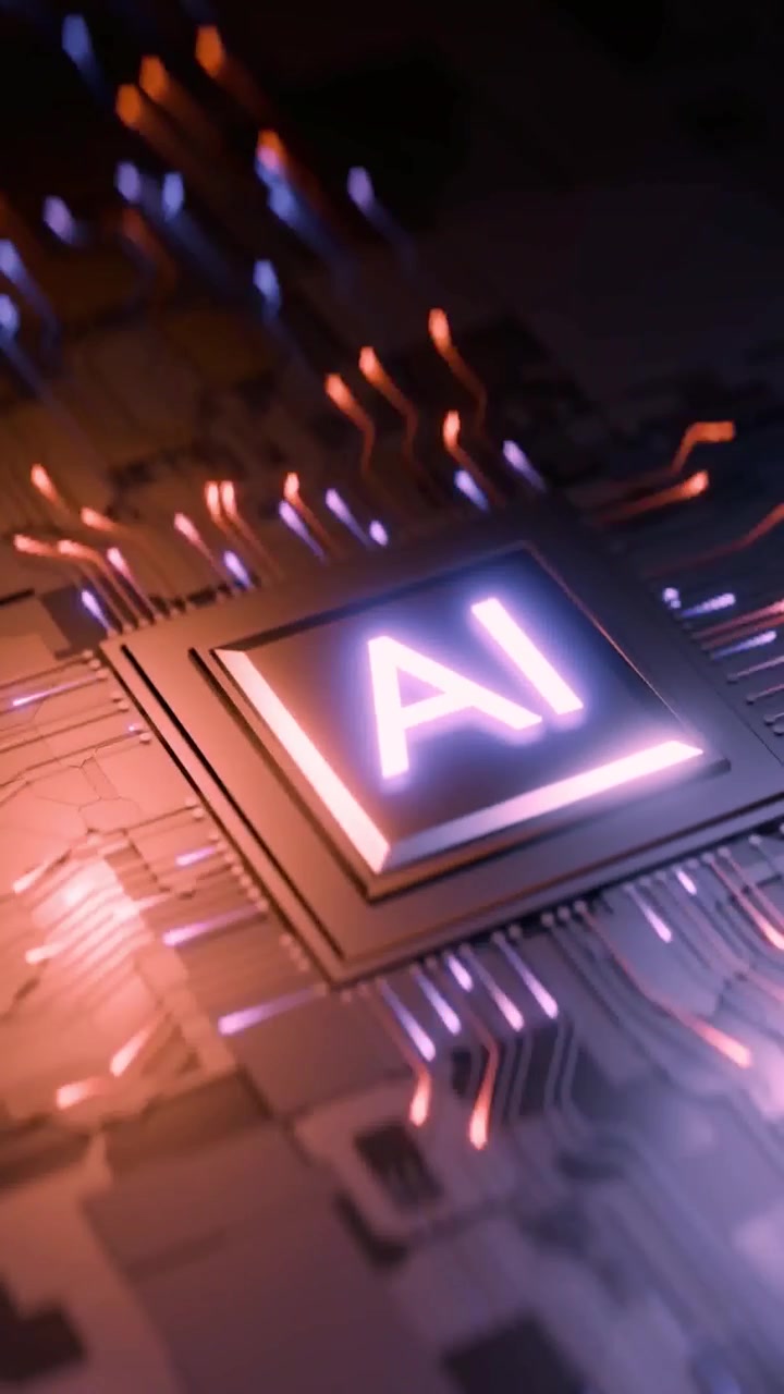 Glødende AI-chip på et printkort med digital dataflow