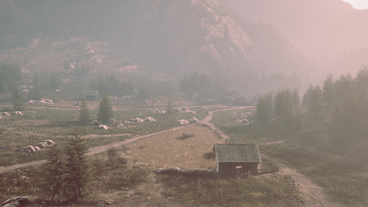 바위 산의 배경에 있는 오래된 나무 마을