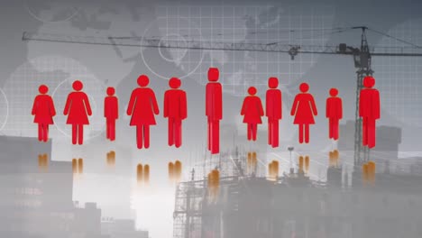 animación de iconos de personas sobre el paisaje urbano
