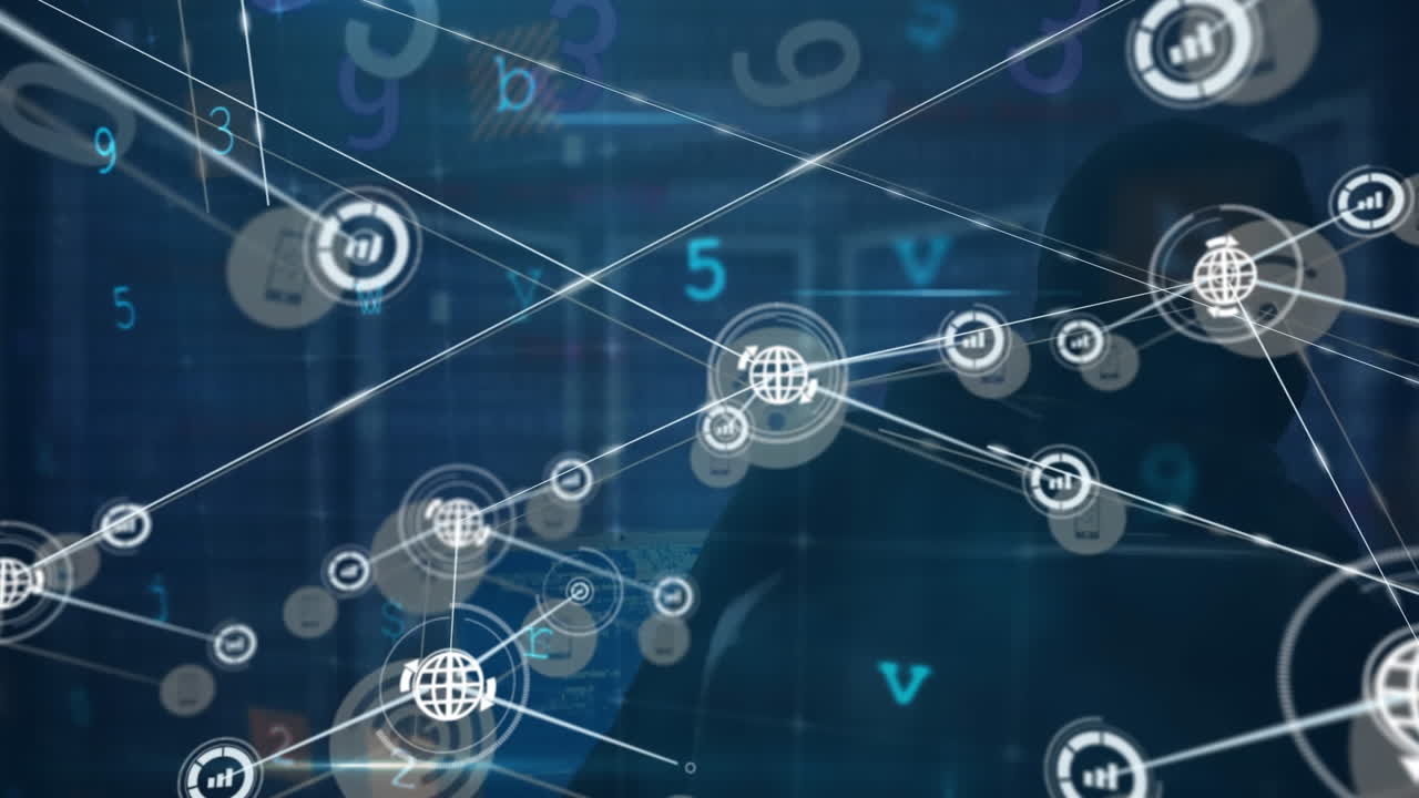 animación de una red de iconos digitales, procesamiento de datos de seguridad cibernética sobre un hacker masculino que usa una computadora portátil