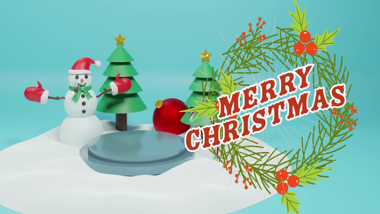 블루 배경에 크리스마스 장식 위에 크리스마스 인사 텍스트의 애니메이션