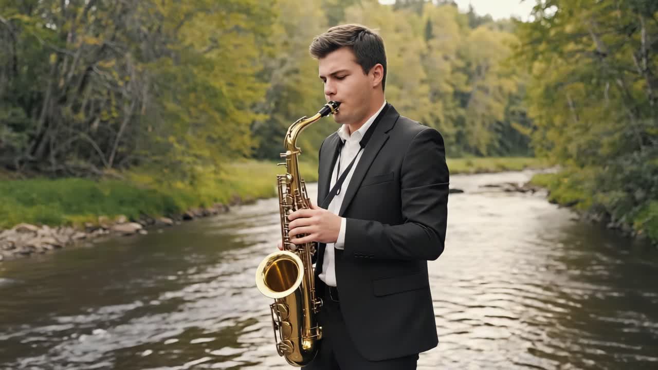 Man playing saxophone by the river