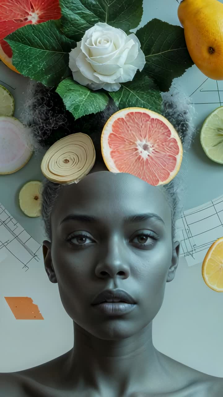 Video verticale: donna che apre gli occhi sorpresa in studio con collage di rose bianche e frutta