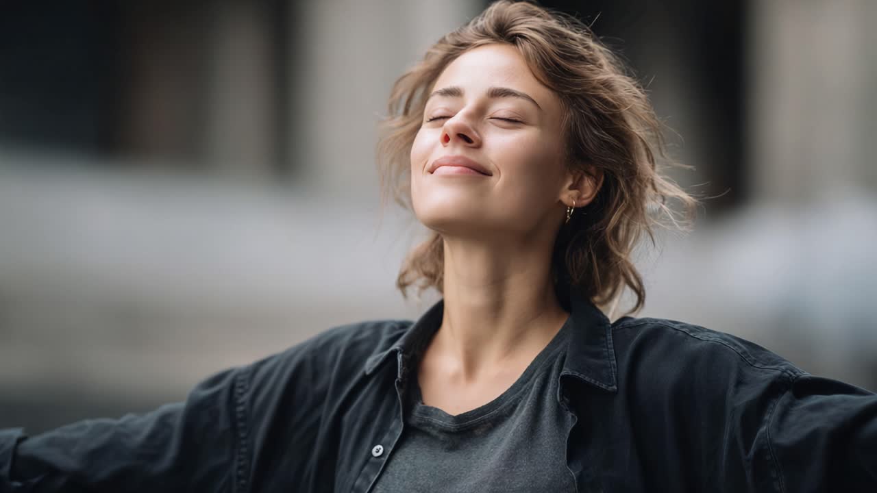 Una giovane donna con i capelli corti che sorride e si gode il momento in un ambiente esterno rilassato, con un'espressione calma e una postura aperta che rappresenta serenità e gioia