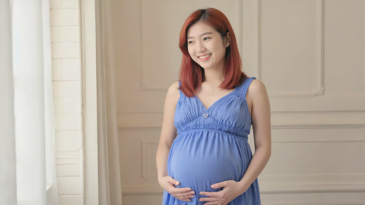Pregnant Asian woman in blue dress