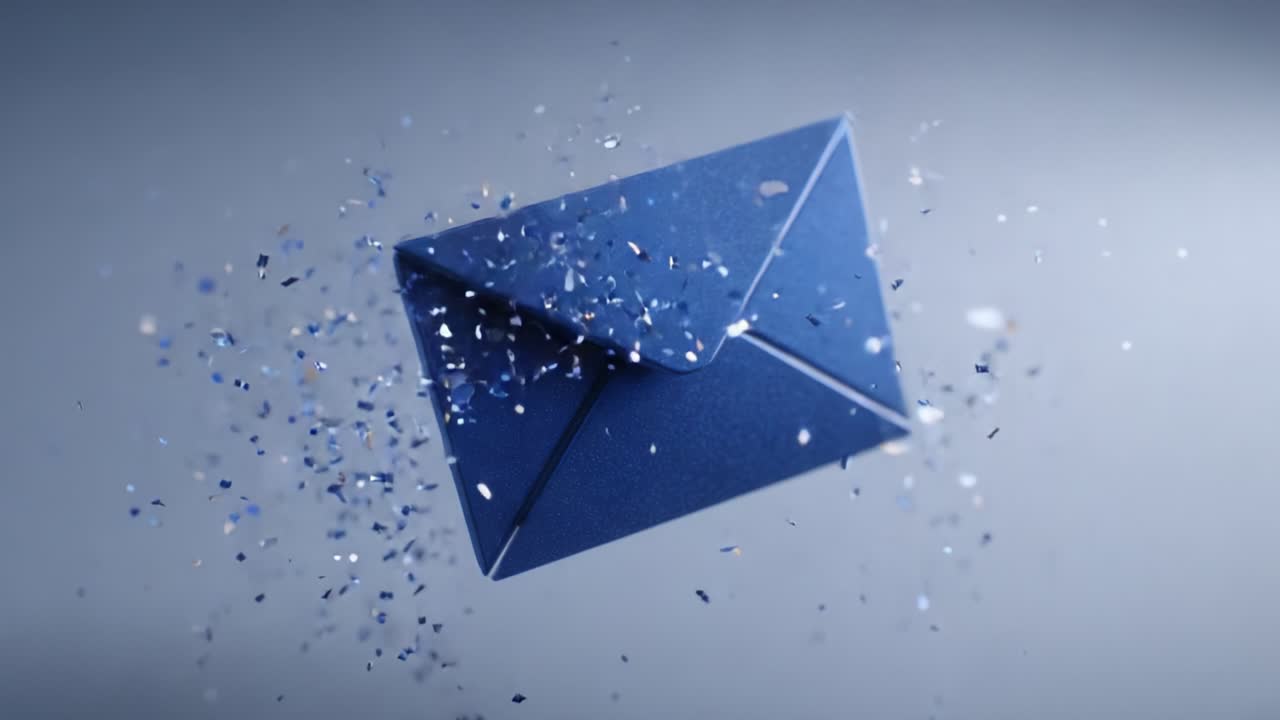 Una busta blu realizzata ad arte, circondata da glitter blu scintillanti, che cattura l'essenza della celebrazione, della comunicazione e dell'espressione artistica in una straordinaria rappresentazione visiva