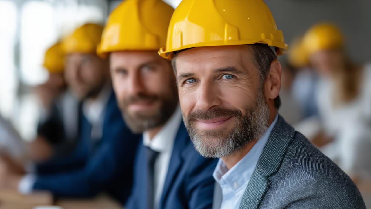 Focused and Confident Professionals in Hard Hats Engage in a Collaborative Meeting to Discuss New Project Developments in a Bright Office Setting