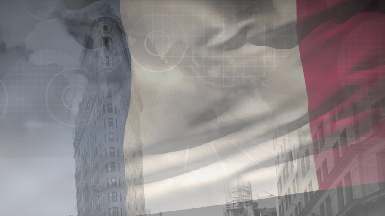 데이터 처리 및 도시 풍경에 대한 프랑스 국기의 애니메이션