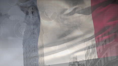 animación de la bandera de francia sobre el procesamiento de datos y el paisaje urbano