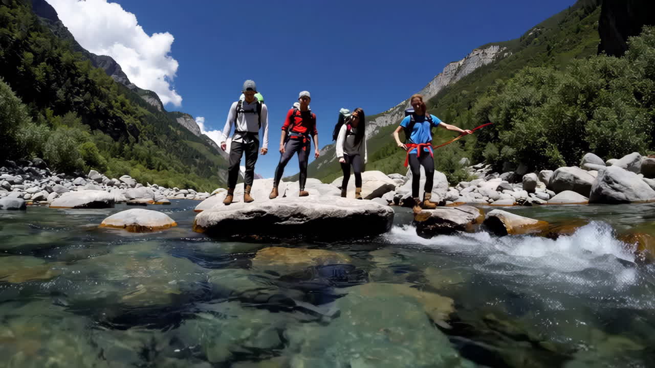 Hikers Crossing a Mountain River