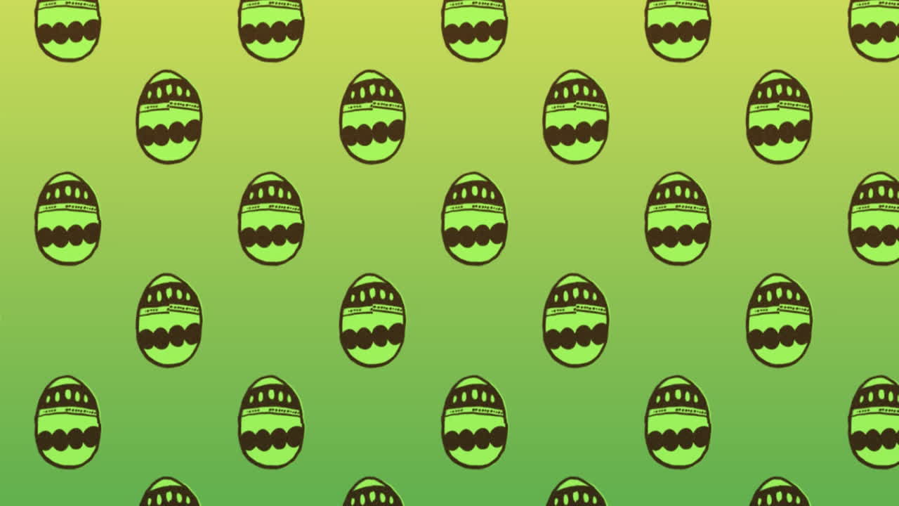 Animation of rows of decorated green and brown Easter eggs moving on green background