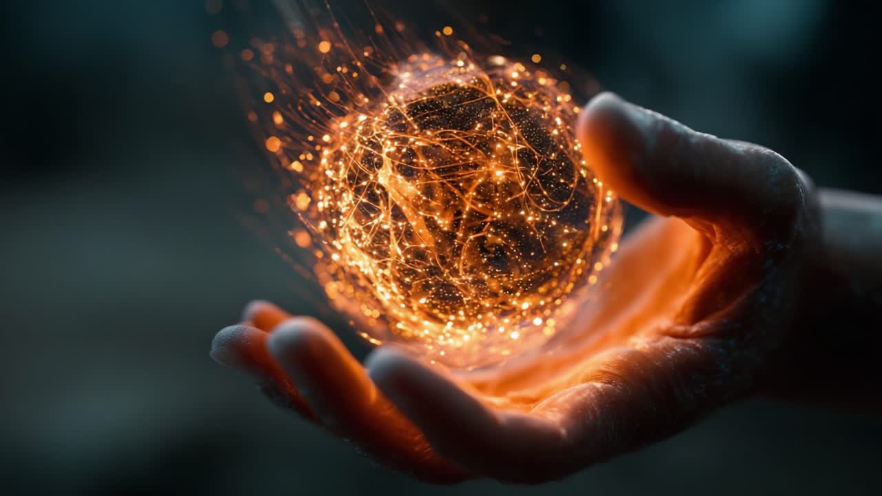 A Mesmerizing Transformation: The Evolution of Light and Energy Embodied in a Glowing Sphere Held in a Hand, Showcasing the Beauty of Digital Design and Innovation