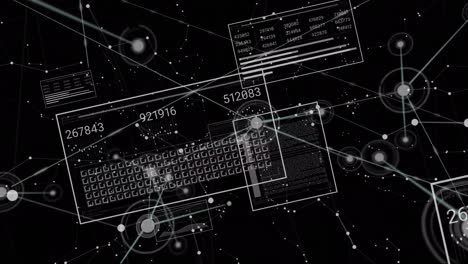 Animation of data processing with network of connections on black background