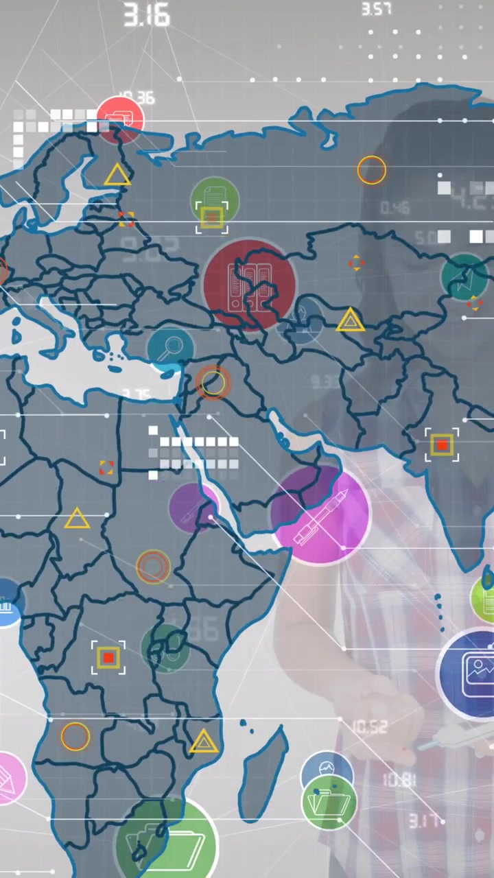 Animation of network of digital icons over world map against caucasian girl using smartphone