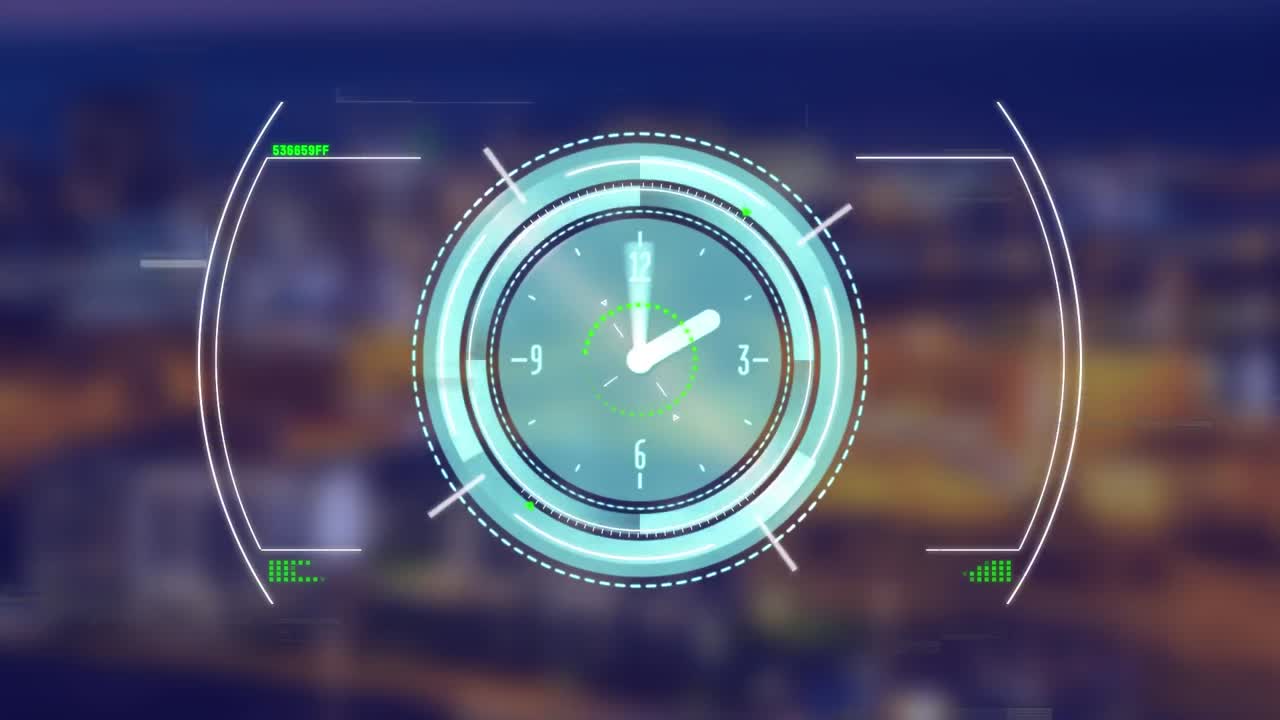 Animation of data processing with clock over cityscape