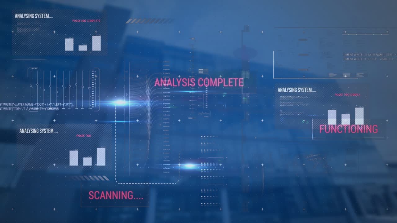 Animation of texts, graphs, moving lines and computer language over modern buildings against sky