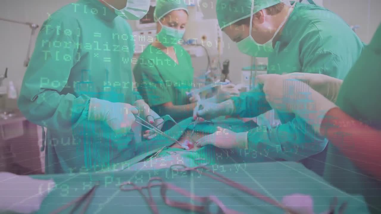 animación del procesamiento de datos sobre cirujanos caucásicos durante la cirugía