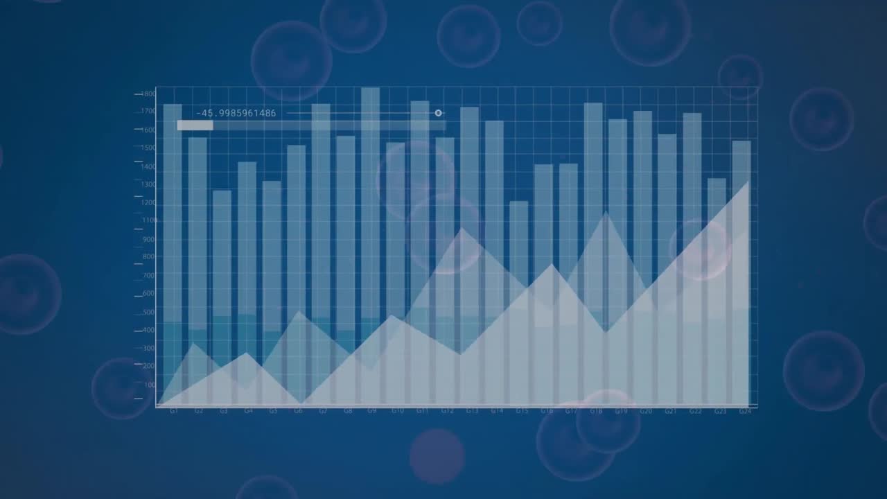 animación de múltiples gráficos, barra de carga sobre el patrón abstracto en círculos contra un fondo azul.