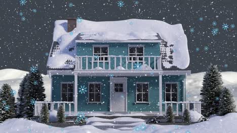 Animation-of-snow-falling-over-house-in-winter-landscape