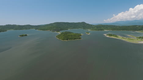 tkibuli lake reservoir with islands and peninsula archipelago, georgia