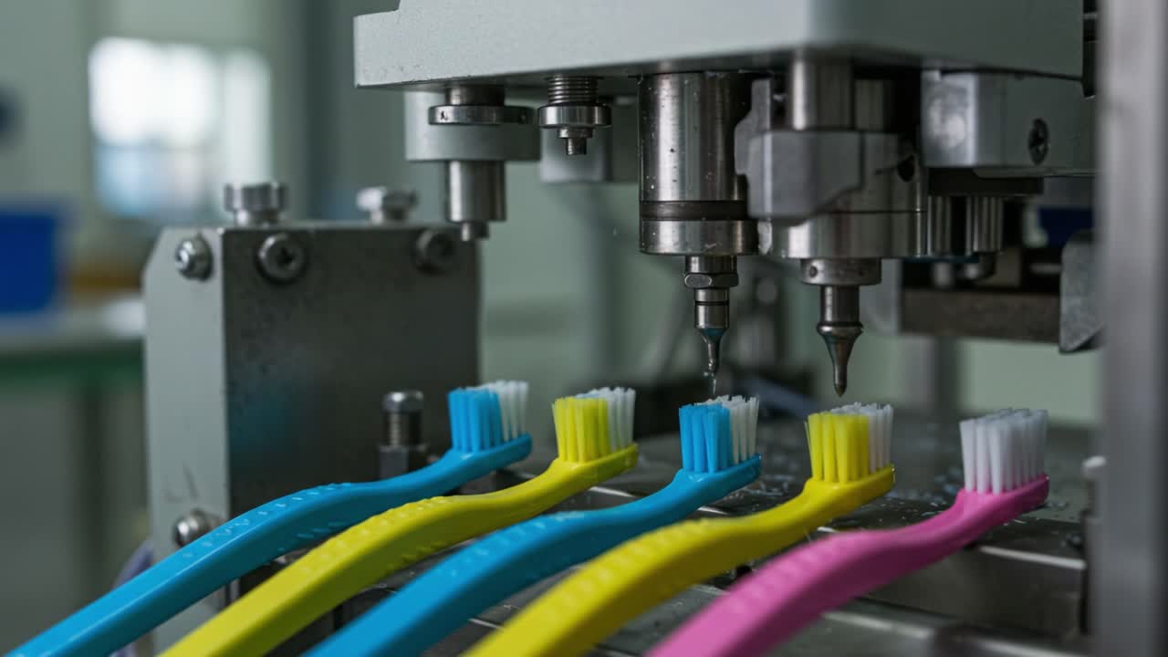 Automated Manufacturing Process of Colorful Toothbrushes Featuring Precision Syringes and Advanced Machinery in Action