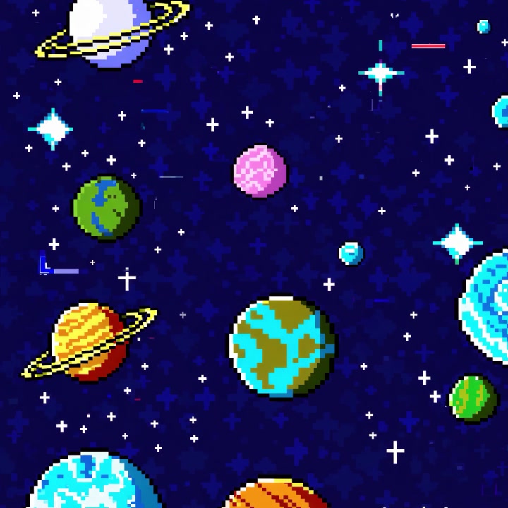 Animated Pixel Art Space Scene with Floating Planets and Stars
