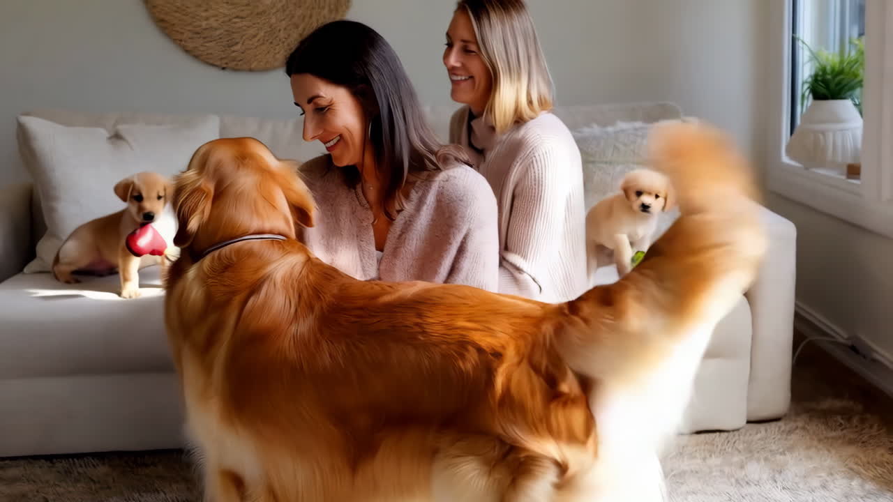 Happy Couple with Puppies and Golden Retrievers