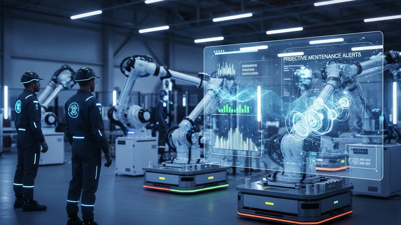 A High-Tech Robotic Manufacturing Facility Featuring Advanced Automation and Predictive Maintenance Alerts, Showcasing Future Industrial Technologies and Human-Robot Collaboration in a Modern Workspace