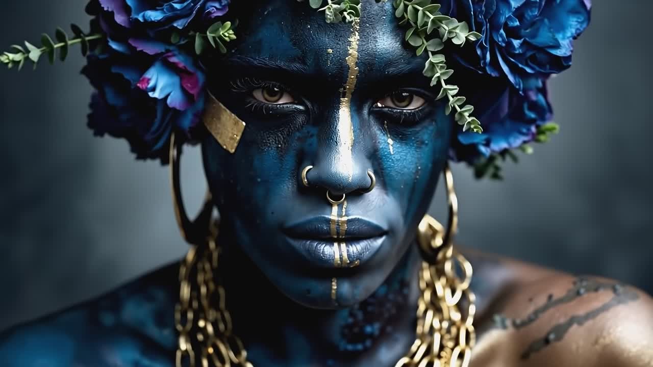 una mujer con pintura de rostro azul y flores en su cabello