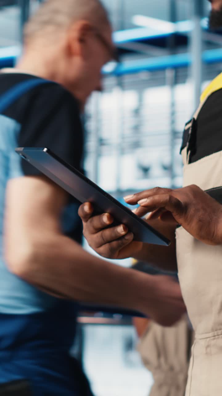 Vertical video Smart factory expert using digital device app to test automated systems, closeup