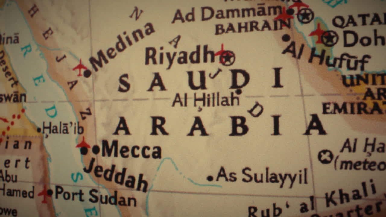 Close-up map of Saudi Arabia and the Arabian Peninsula