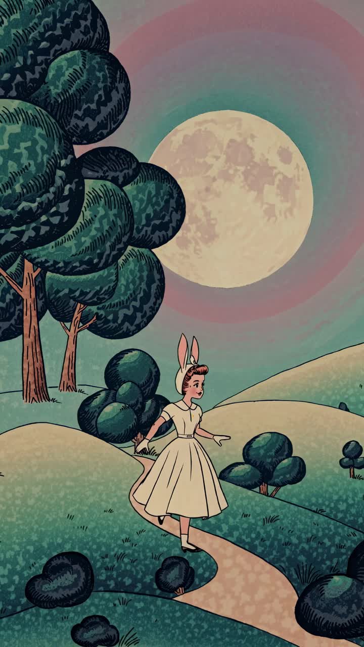 Whimsical video concept of a girl in a rabbit costume walking on a path under a full moon
