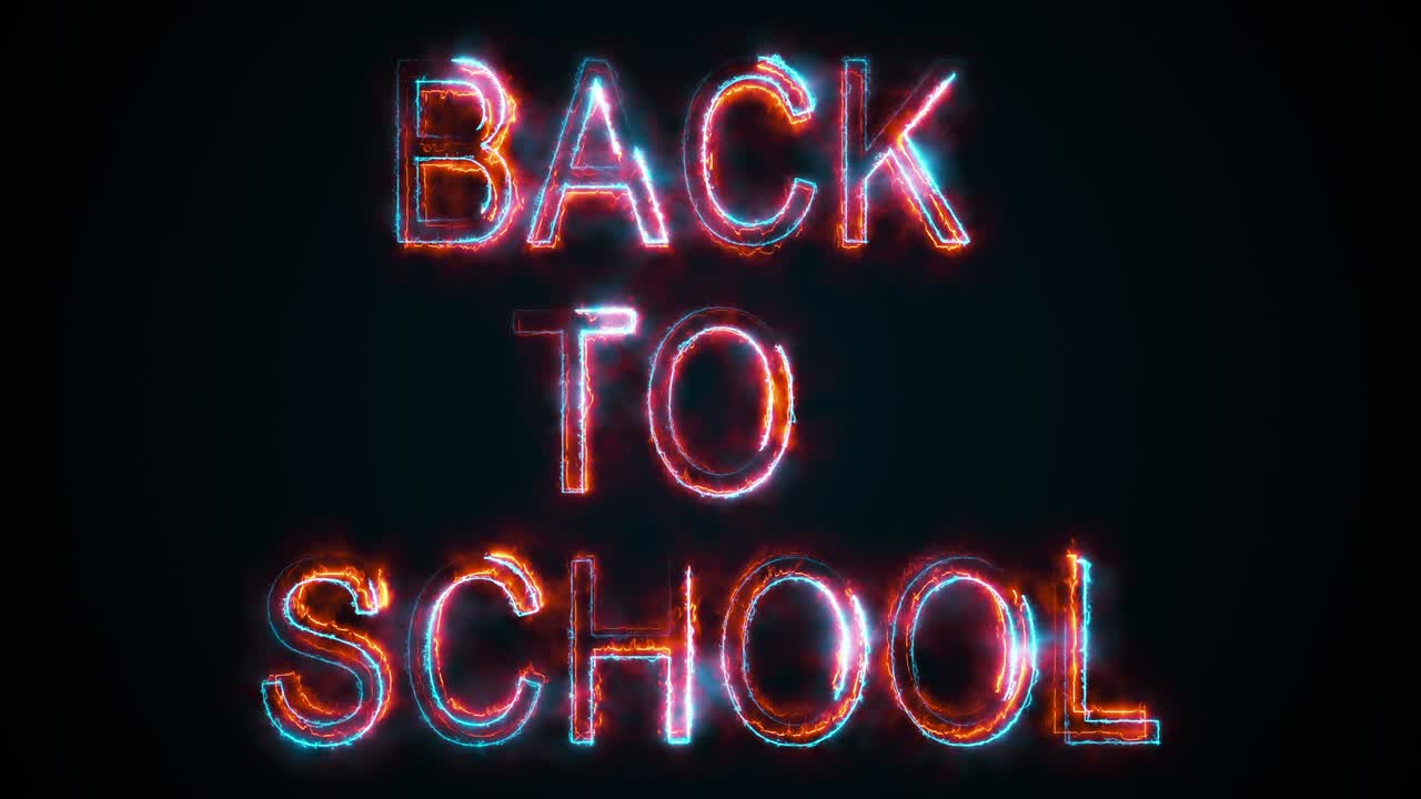 컴퓨터는 학교로 돌아가는 문장을 생성했습니다. 불타는 단어는 대문자로 구성되어 있습니다. 교육 개념의 3d 렌더링. 그래픽 배경