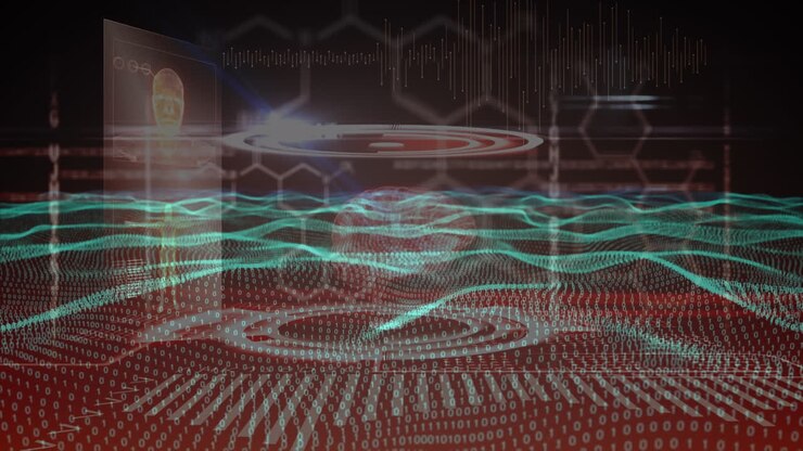 Green digital waves against medical data processing against red background