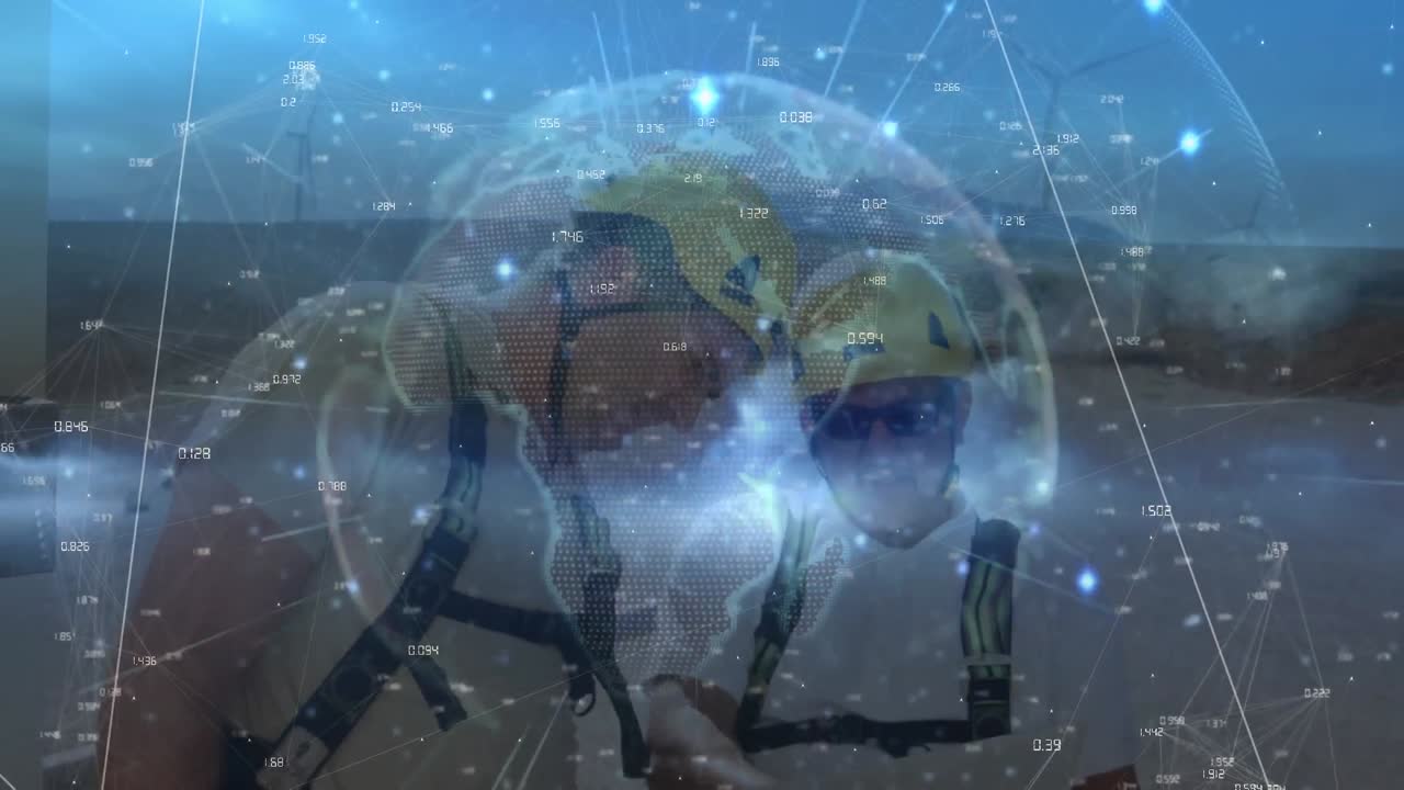 animación de rastros de luz en todo el mundo contra dos ingenieros masculinos diversos que trabajan al aire libre.