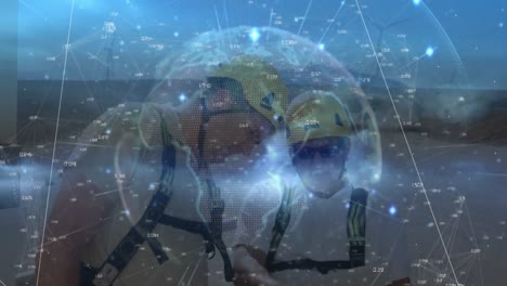 animación de rastros de luz en todo el mundo contra dos ingenieros masculinos diversos que trabajan al aire libre.
