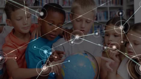 Animation-of-network-of-connections-over-diverse-school-children-with-globe