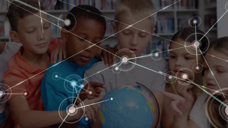 animation of network of connections over diverse school children with globe