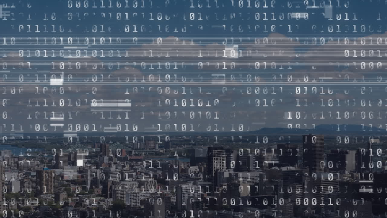 Animation of data processing over cityscape